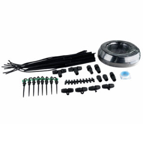 Set irigare gradina cu micro-aspersoare rotative, furtun PVC 30 metri, sistem udare plante si sere, negru