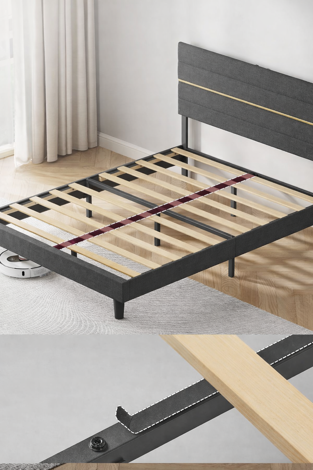 VASAGLE Pat tapitat 140x200 cm, cu tablie capitonata, somiera din lemn masiv reglabila, structura metalica, gri inchis - imagine 2