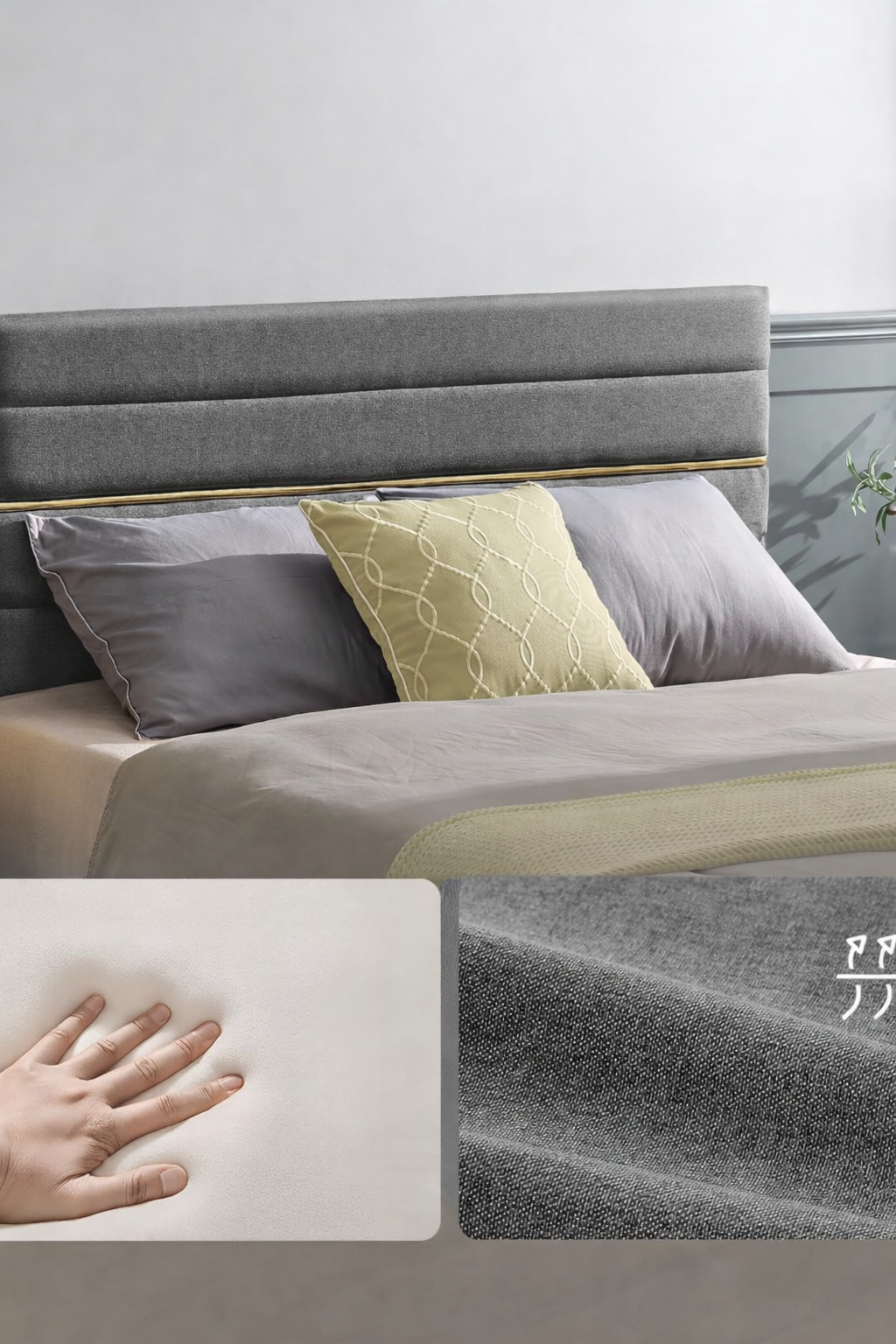 VASAGLE Pat tapitat 140x200 cm, cu tablie capitonata, somiera din lemn masiv reglabila, structura metalica, gri inchis - imagine 3