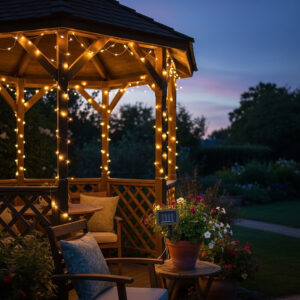 Instalatie luminoasa solara exterior 100 LED alb cald, cablu 12 m, 8 moduri iluminare, IP44, negru