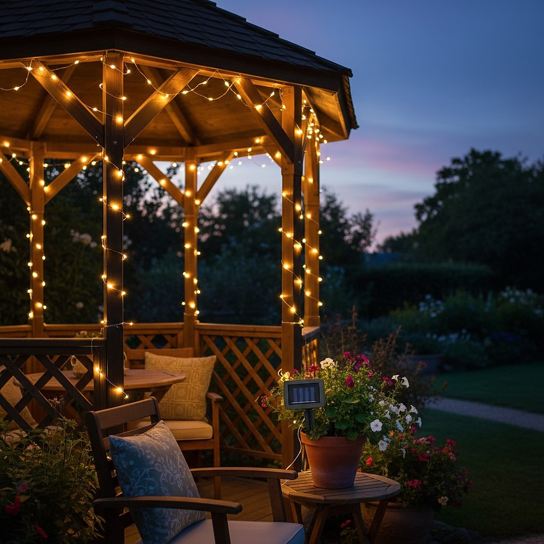 Instalatie luminoasa solara exterior 100 LED alb cald, cablu 12 m, 8 moduri iluminare, IP44, negru