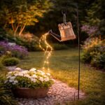 Lampa solara gradina tip stropitoare ratan, 33 LED alb cald, panou solar, IP44, 110 cm, maro