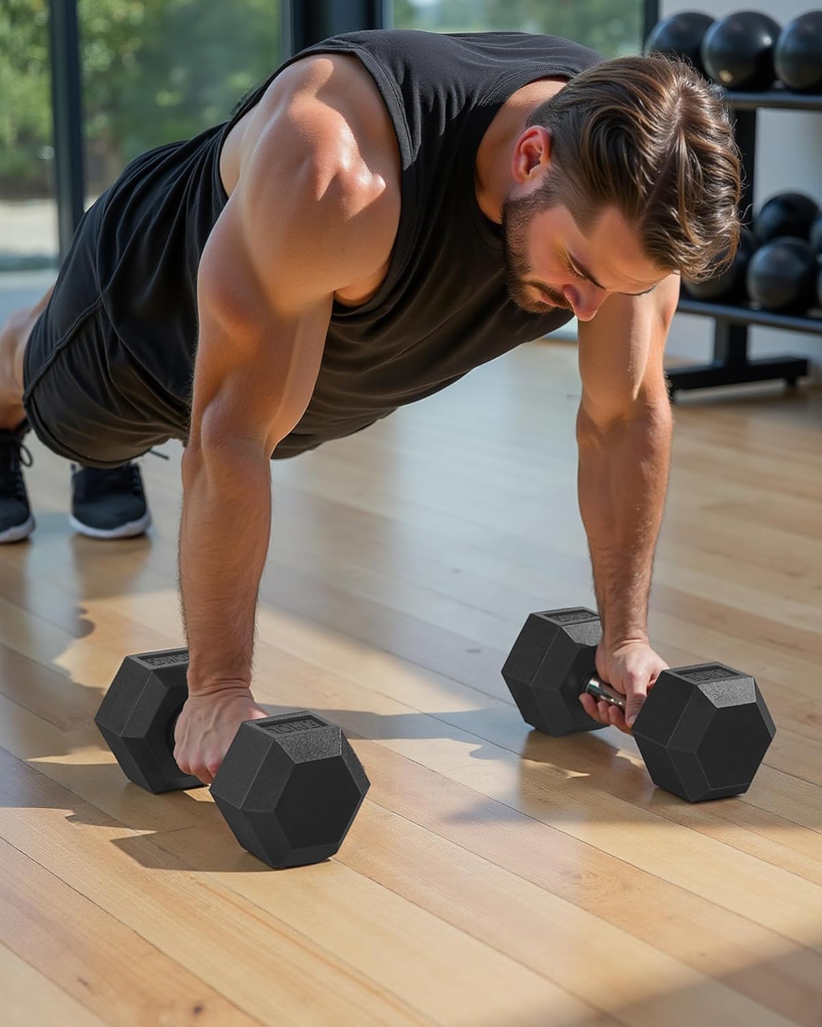 SONGMICS Set gantere hexagonale 2x10 kg, antrenament fitness si forta, 31x11 cm, negru - imagine 4