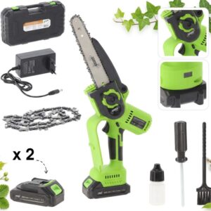Fierastrau electric pentru crengi, cu acumulator, sina 20 cm, motor fara perii 900 W, 2 baterii 21 V, lant de rezerva