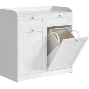 VASAGLE Dulap baie de podea, 2 cosuri de rufe integrate cu saci detasabili, 2 sertare, 79x40x80 cm, alb