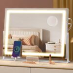 SONGMICS Oglinda machiaj cu iluminare LED, 3 culori lumina, suport telefon, 2 porturi USB, zoom 10x, 58x43 cm, alb