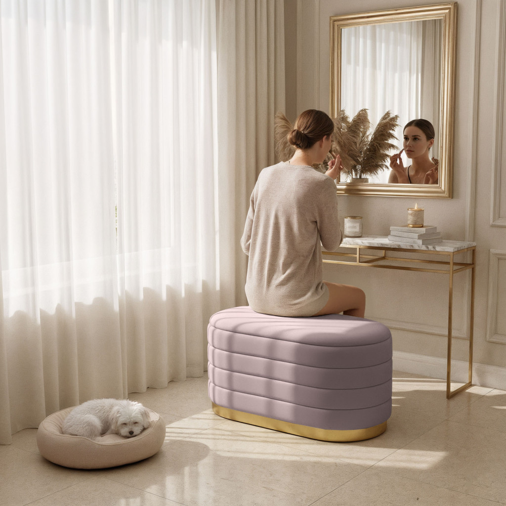 Bancheta tip puf cu depozitare, tapiterie velur, 80x42x42 cm, roz pudrat - imagine 6