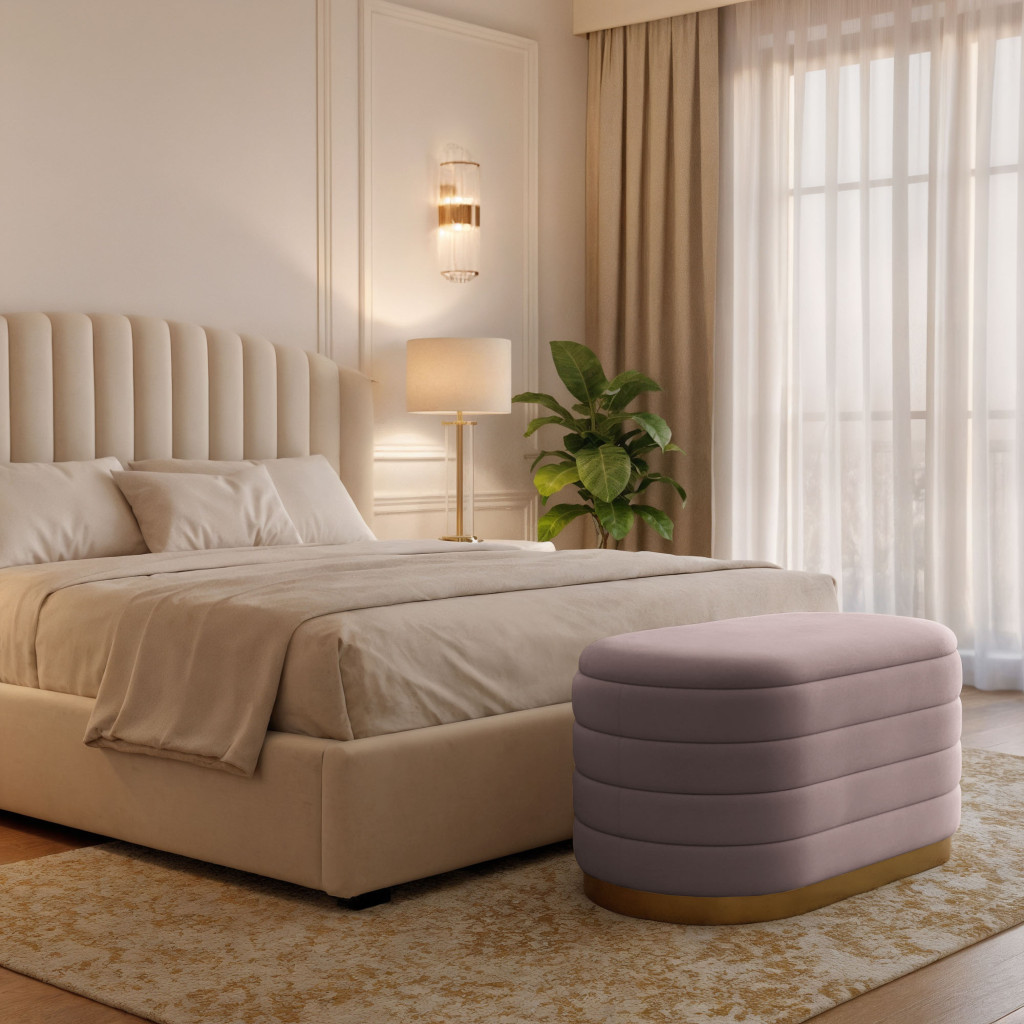 Bancheta tip puf cu depozitare, tapiterie velur, 80x42x42 cm, roz pudrat - imagine 7