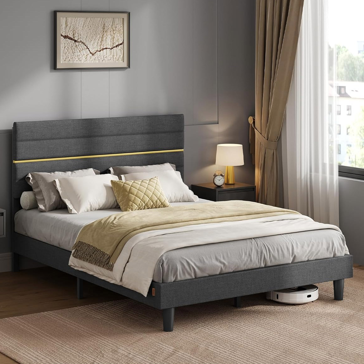 VASAGLE Pat tapitat 140x200 cm, cu tablie capitonata, somiera din lemn masiv reglabila, structura metalica, gri inchis