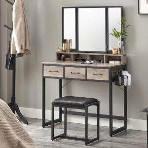 VASAGLE Masuta toaleta 90x40x141 cm, cu 3 sertare, oglinda tripla si taburet, lemn si otel, gri si negru