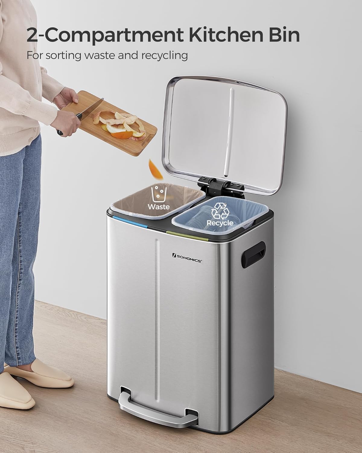 SONGMICS Cos de gunoi dublu colectare selectiva 2x20L, cu pedale si capac soft close, galeata interioara, otel, 45x58x32 cm, argintiu - imagine 2