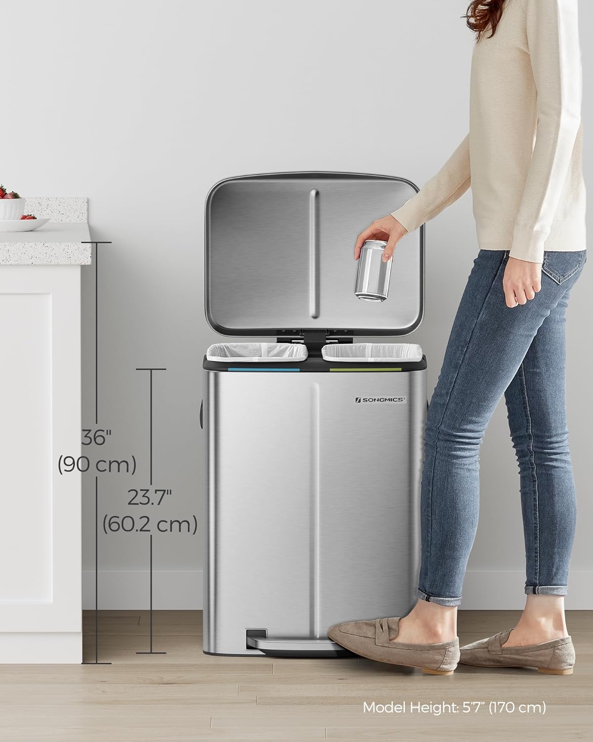 SONGMICS Cos de gunoi dublu colectare selectiva 2x20L, cu pedale si capac soft close, galeata interioara, otel, 45x58x32 cm, argintiu - imagine 4
