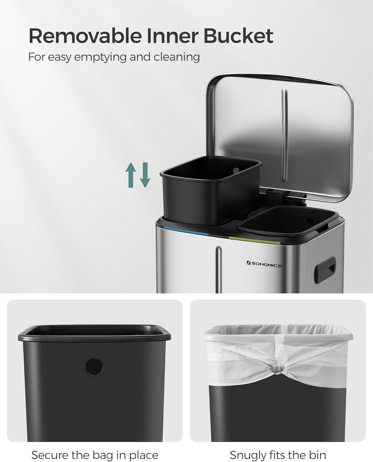 SONGMICS Cos de gunoi dublu colectare selectiva 2x20L, cu pedale si capac soft close, galeata interioara, otel, 45x58x32 cm, argintiu - imagine 6
