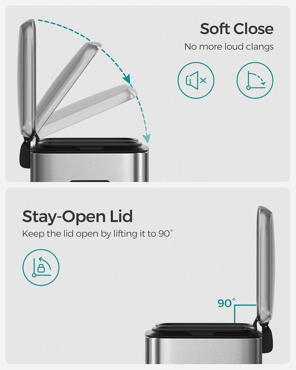 SONGMICS Cos de gunoi dublu colectare selectiva 2x20L, cu pedale si capac soft close, galeata interioara, otel, 45x58x32 cm, argintiu - imagine 3