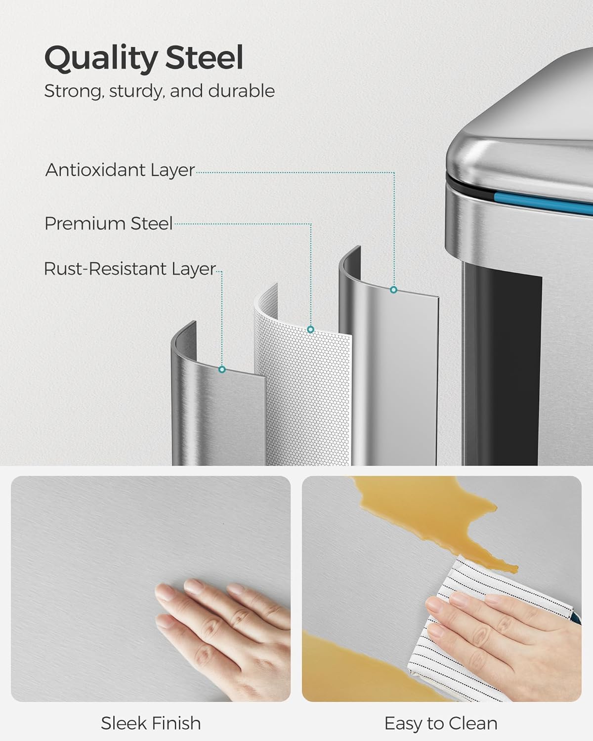 SONGMICS Cos de gunoi dublu colectare selectiva 2x20L, cu pedale si capac soft close, galeata interioara, otel, 45x58x32 cm, argintiu - imagine 8