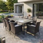 Set mobilier gradina 8 scaune si masa 196x98x73 cm, ratan si cadru otel zincat, blat masa sticla securizata, maro