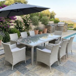 Set mobilier gradina 8 scaune si masa 196x98x73 cm, ratan si cadru otel zincat, blat masa sticla securizata, gri