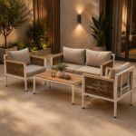 Set mobilier gradina Belgrad 4 piese, cu perne, canapea 2 locuri, 2 fotolii si masa, cadru aluminiu, 129x68x70 cm, bej