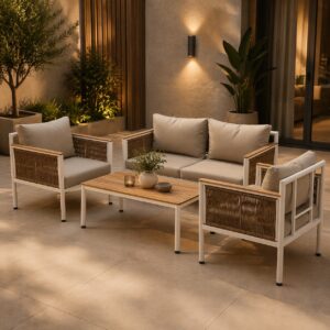 Set mobilier gradina Belgrad 4 piese, cu perne, canapea 2 locuri, 2 fotolii si masa, cadru aluminiu, 129x68x70 cm, bej