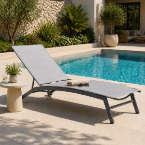 Sezlong pliabil reglabil pentru terasa si balcon, textilena si cadru otel, 195x63x90 cm, gri