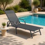 Sezlong pliabil reglabil pentru terasa si balcon, textilena si cadru otel, 195x69x94 cm, gri inchis