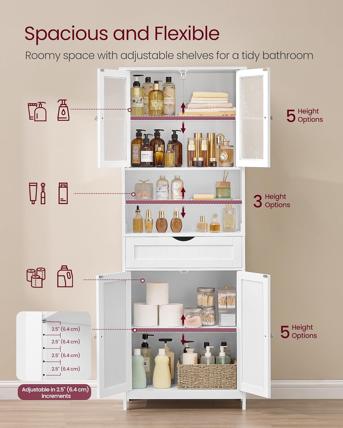 VASAGLE Dulap de baie cu sertar si rafturi reglabile, MDF, 60x30x170 cm, alb - imagine 6