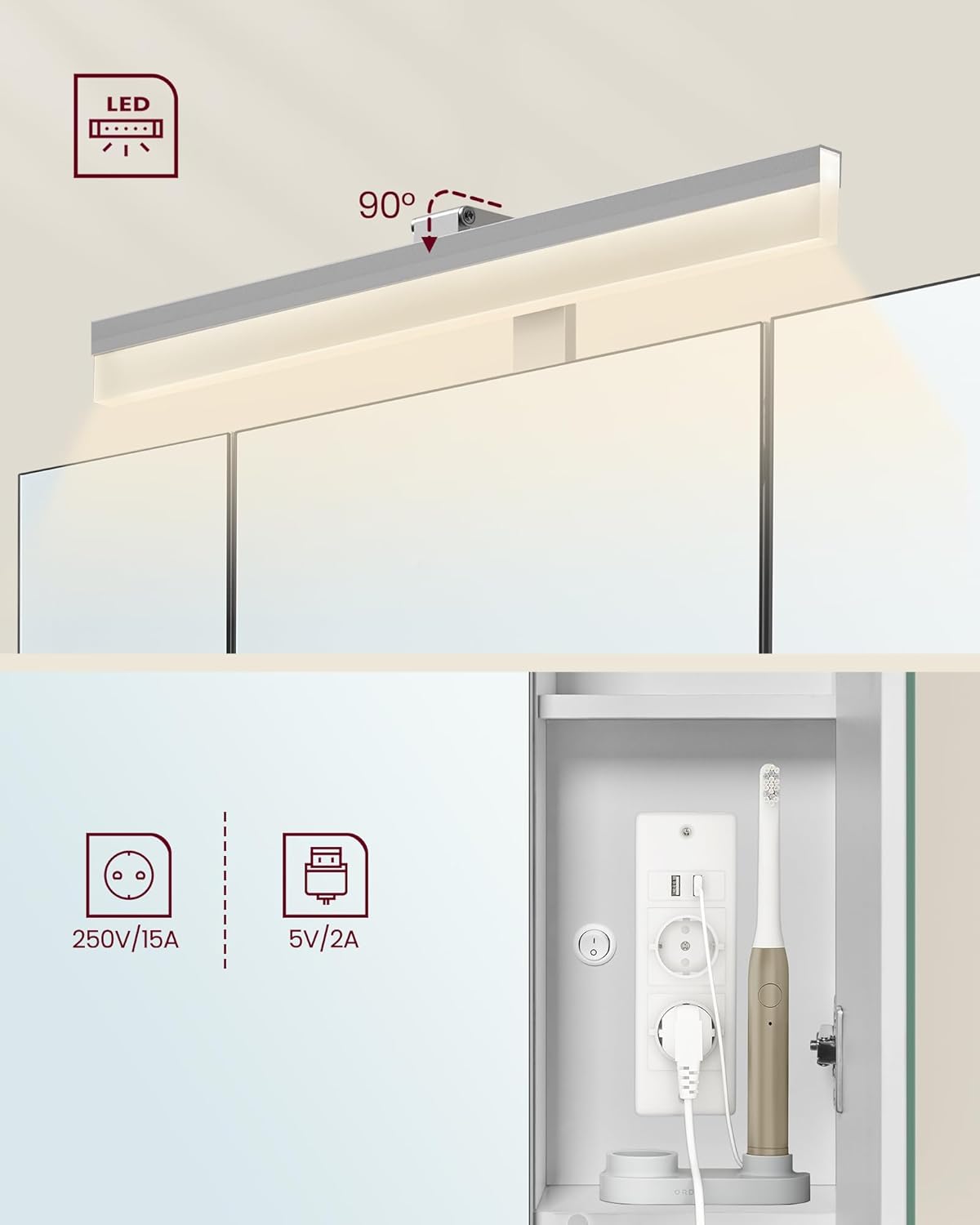 VASAGLE Dulap de baie de perete, cu oglinda si LED, prize si USB incorporate, 70x16x75 cm, alb - imagine 3