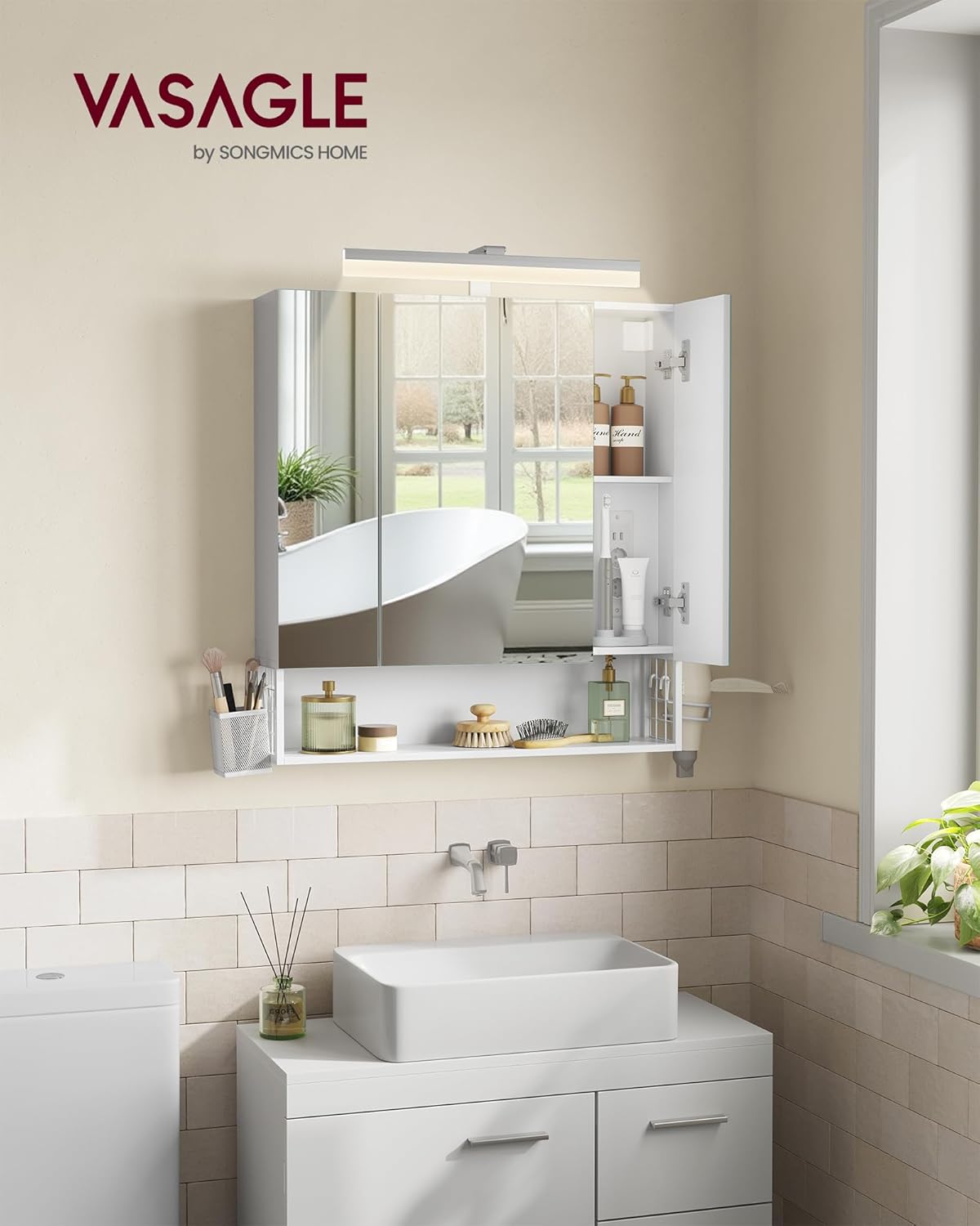 VASAGLE Dulap de baie de perete, cu oglinda si LED, prize si USB incorporate, 70x16x75 cm, alb - imagine 5