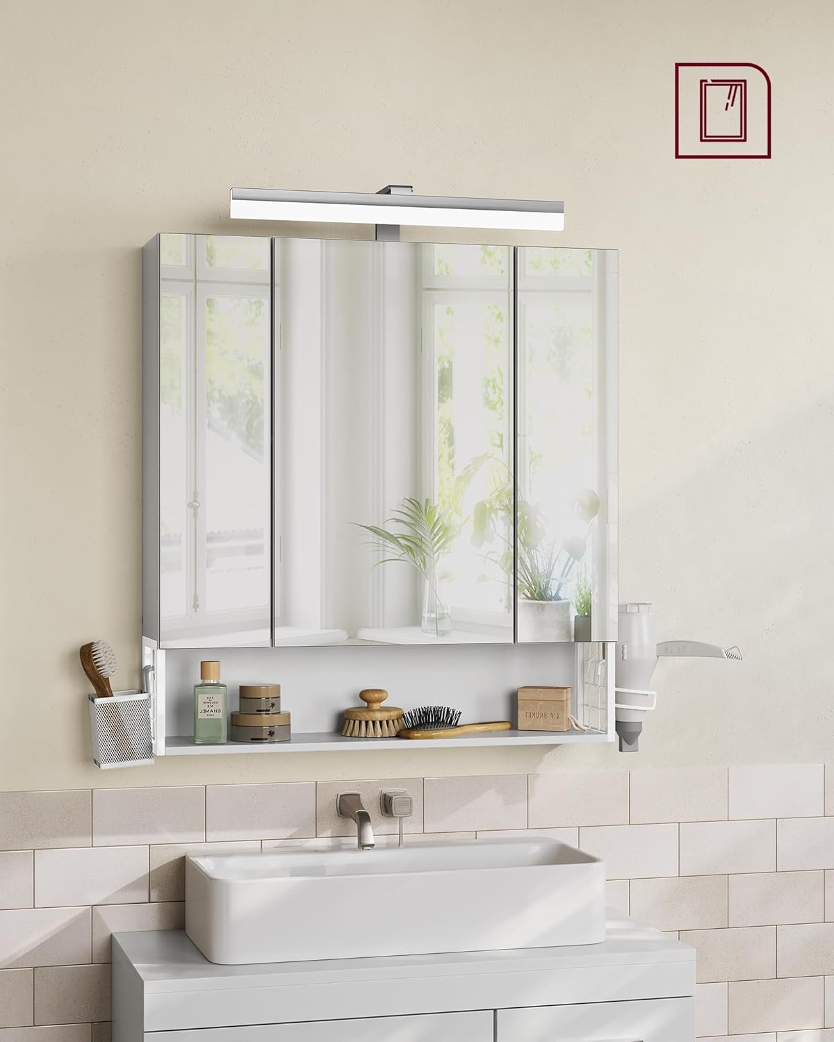 VASAGLE Dulap de baie de perete, cu oglinda si LED, prize si USB incorporate, 70x16x75 cm, alb - imagine 7