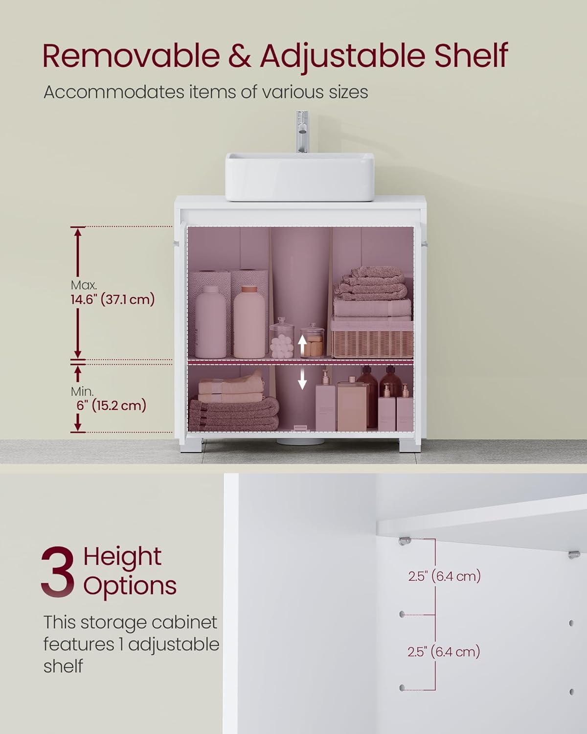 VASAGLE Masca chiuveta baie, lavoar cu 2 usi si raft interior reglabil, MDF si PAL, 60x30x60 cm, alb - imagine 5