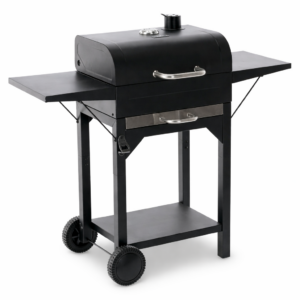 Gratar pe carbuni pentru gradina cu capac, termometru si rafturi laterale, din otel si fonta, 51x34 cm, negru