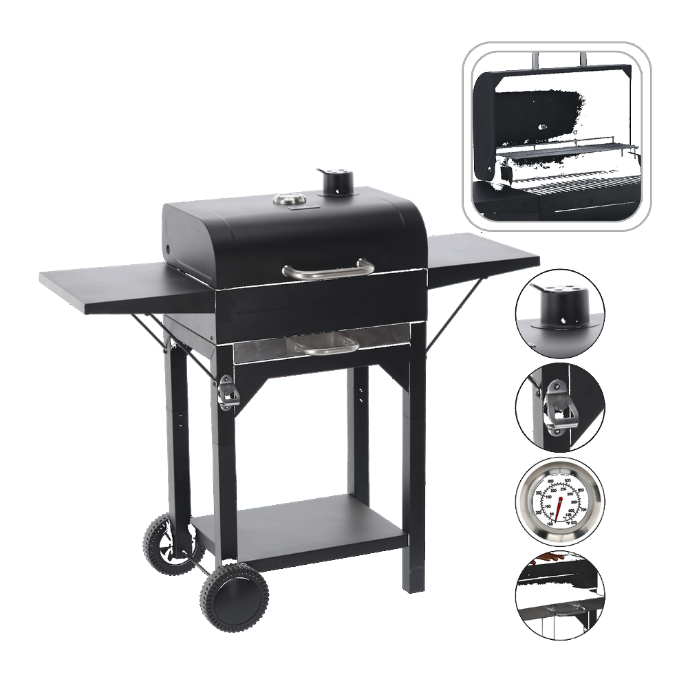 Gratar pe carbuni pentru gradina cu capac, termometru si rafturi laterale, din otel si fonta, 51x34 cm, negru - imagine 4