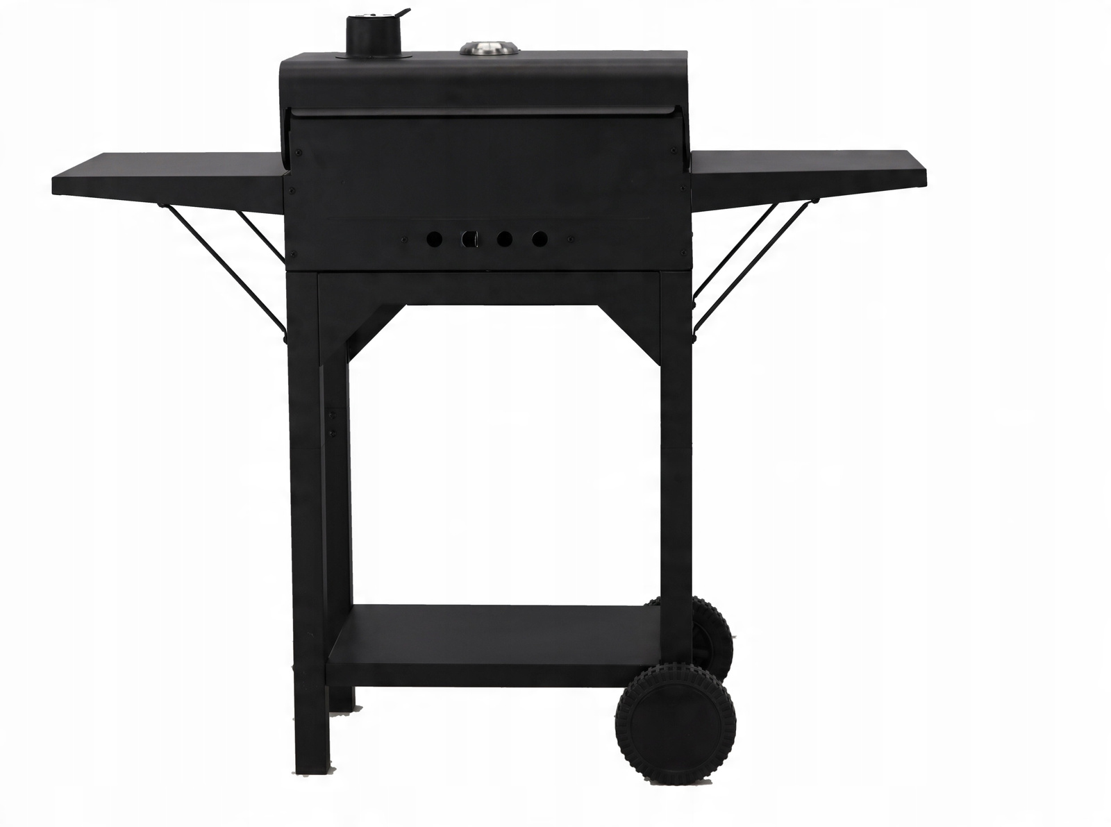 Gratar pe carbuni pentru gradina cu capac, termometru si rafturi laterale, din otel si fonta, 51x34 cm, negru - imagine 5