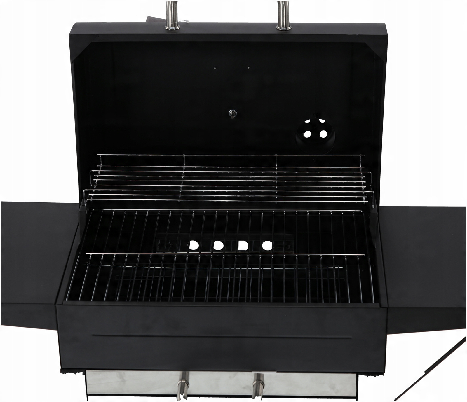 Gratar pe carbuni pentru gradina cu capac, termometru si rafturi laterale, din otel si fonta, 51x34 cm, negru - imagine 7