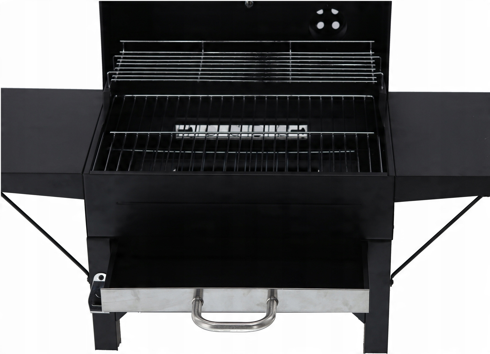 Gratar pe carbuni pentru gradina cu capac, termometru si rafturi laterale, din otel si fonta, 51x34 cm, negru - imagine 8