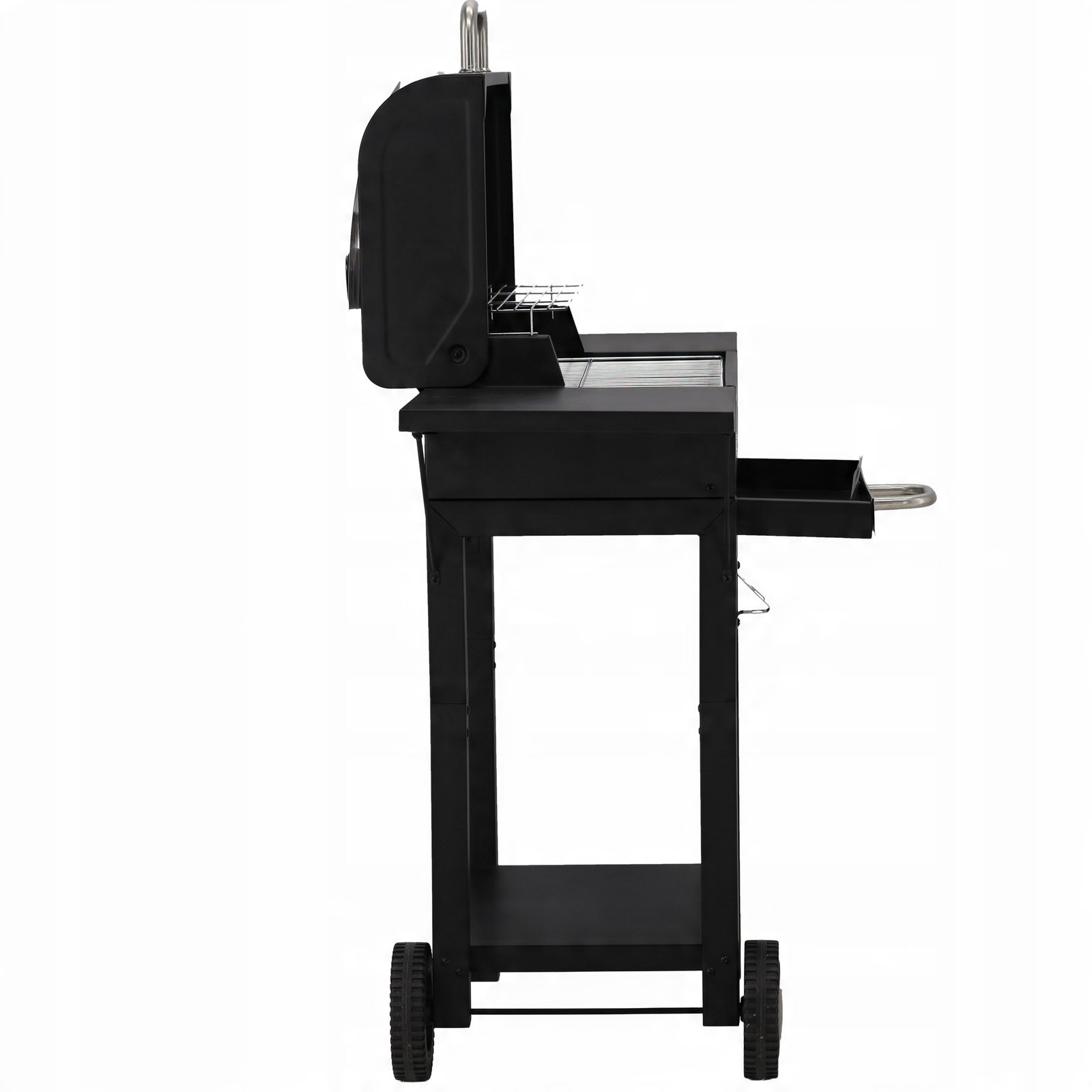 Gratar pe carbuni pentru gradina cu capac, termometru si rafturi laterale, din otel si fonta, 51x34 cm, negru - imagine 11