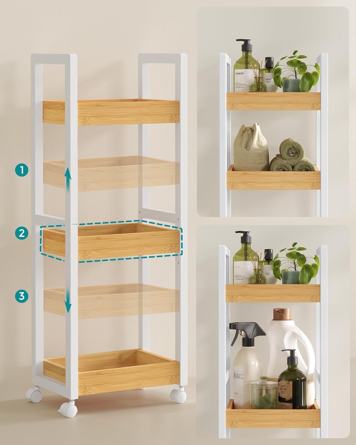 SONGMICS Carucior de baie, raft ingust cu roti, bambus si MDF, 20x30x80 cm, alb si maro natur - imagine 4