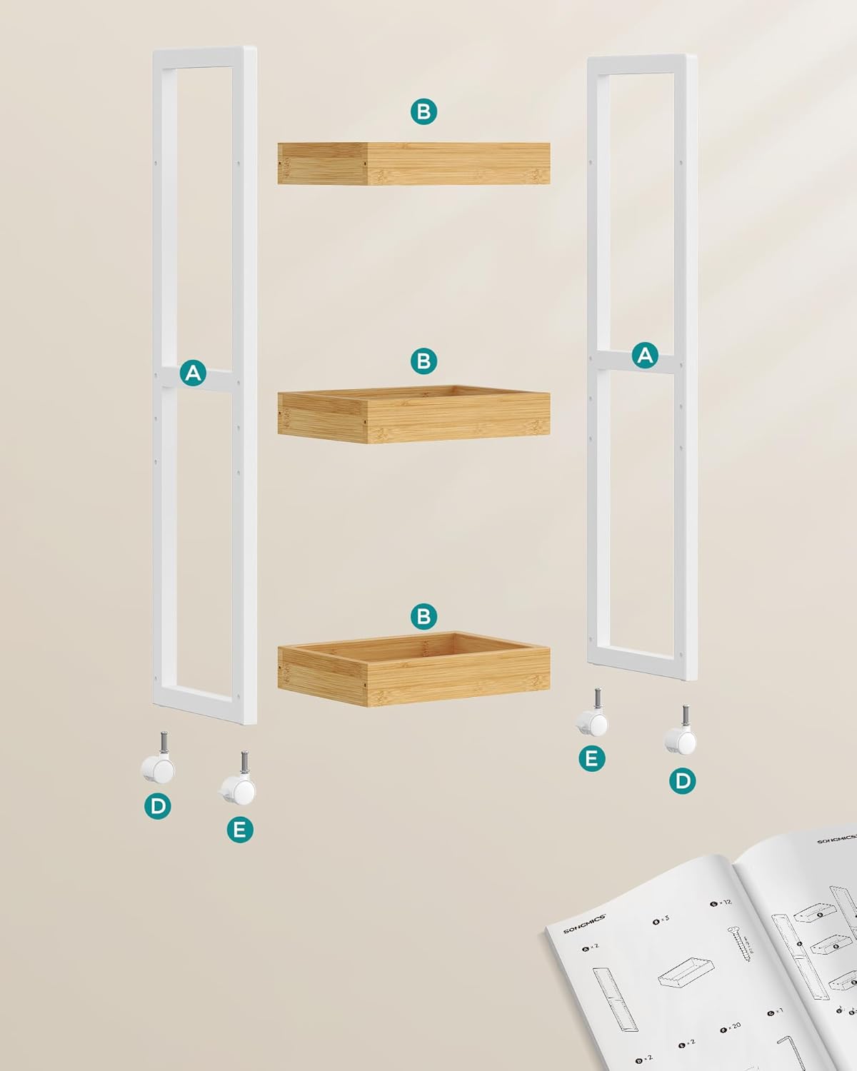 SONGMICS Carucior de baie, raft ingust cu roti, bambus si MDF, 20x30x80 cm, alb si maro natur - imagine 6