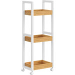 SONGMICS Carucior de baie, raft ingust cu roti, bambus si MDF, 20x30x80 cm, alb si maro natur