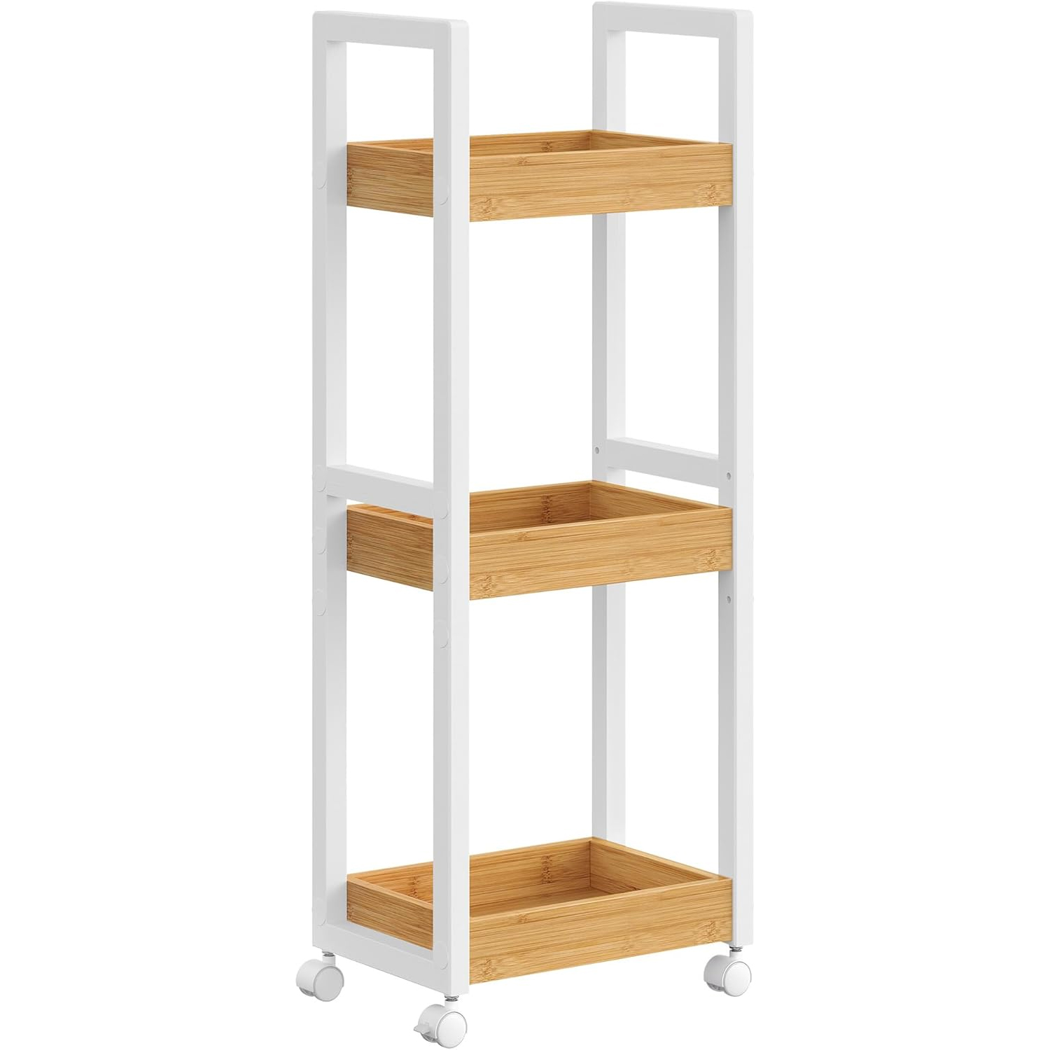 SONGMICS Carucior de baie, raft ingust cu roti, bambus si MDF, 20x30x80 cm, alb si maro natur