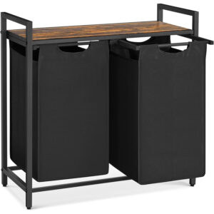 VASAGLE Cos de rufe, 2 compartimente, saci de rufe detasabili, raft, cadru metalic, 2x46L, 73x33x72 cm, maro rustic si negru