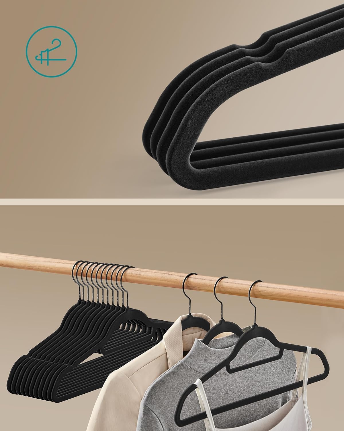 SONGMICS Set de 50 de umerase pentru haine, anti-alunecare cu catifea, bara de cravata si carlig pivotant, 43,5 cm, negru - imagine 2