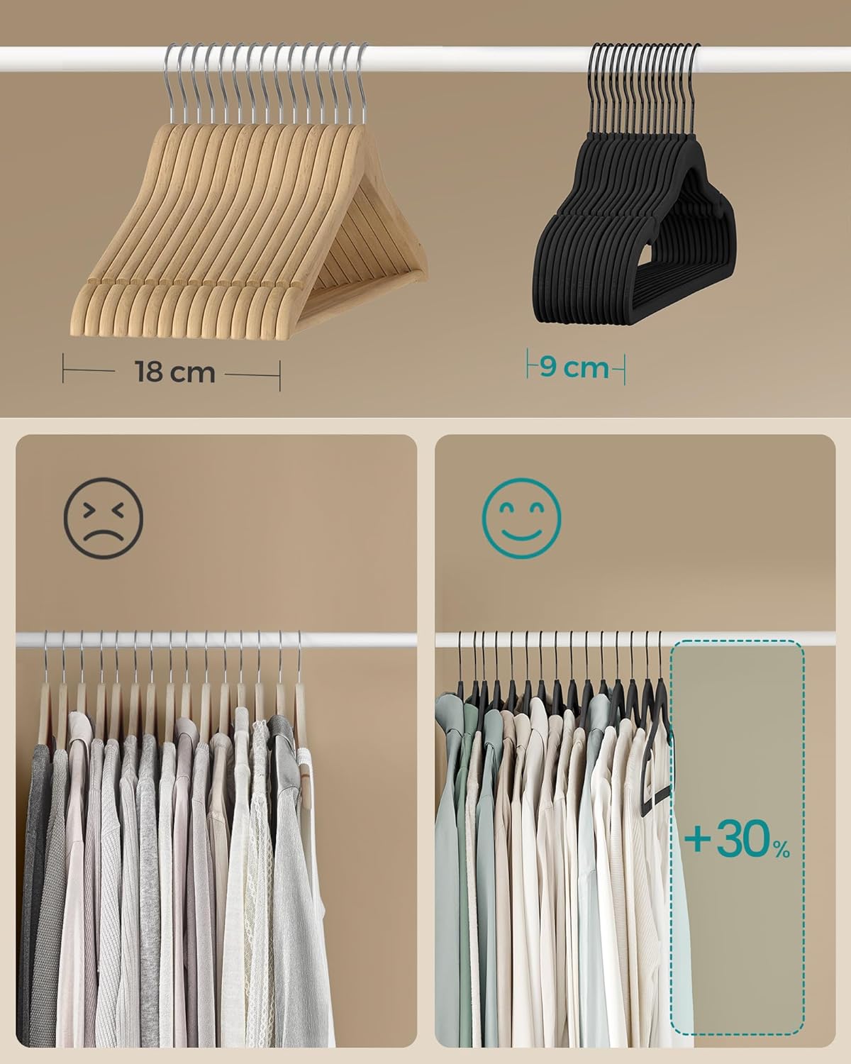 SONGMICS Set de 50 de umerase pentru haine, anti-alunecare cu catifea, bara de cravata si carlig pivotant, 43,5 cm, negru - imagine 4