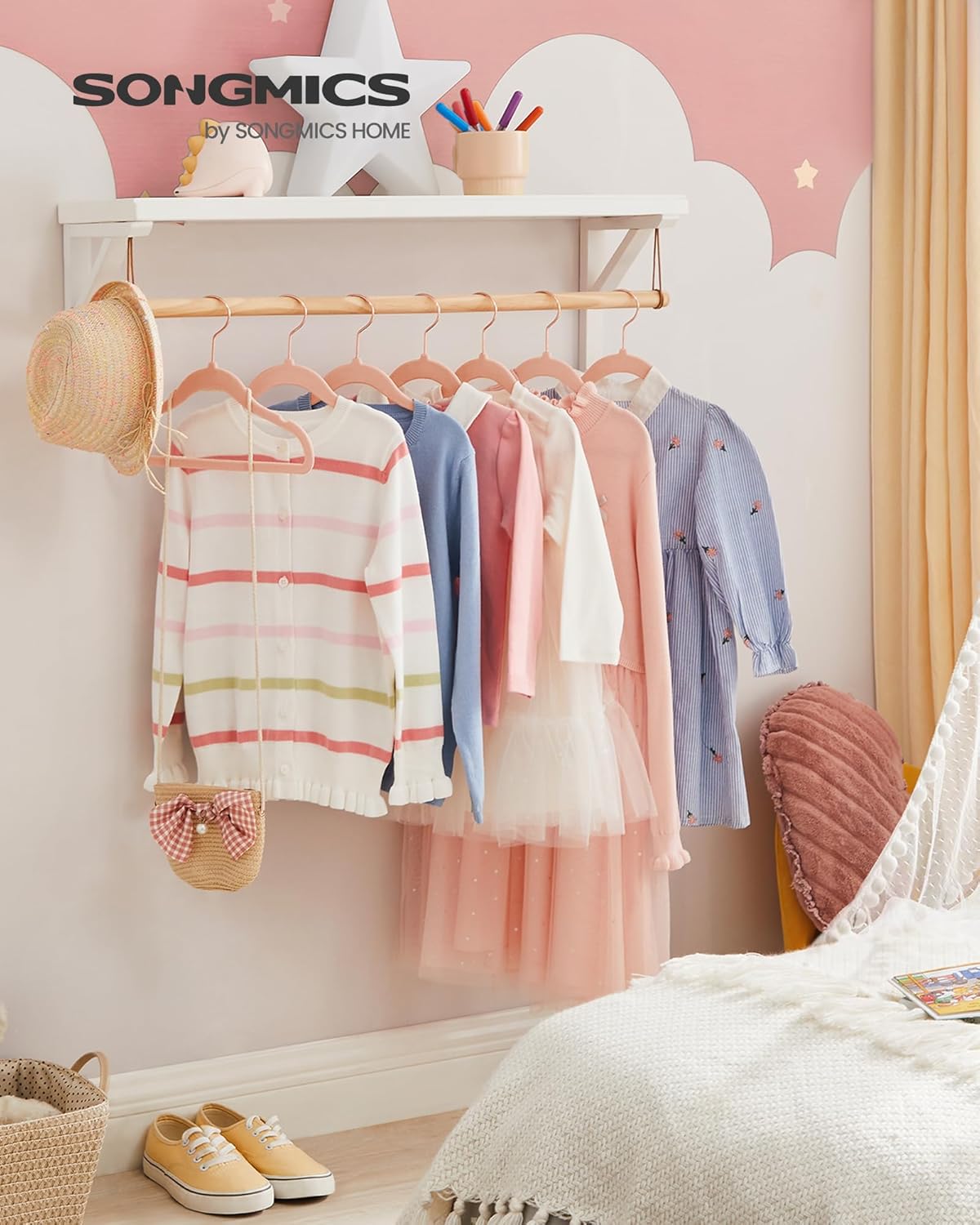 SONGMICS Set de 50 de umerase copii din catifea, antialunecare, carlige rotative 360°, 30 cm, roz - imagine 6