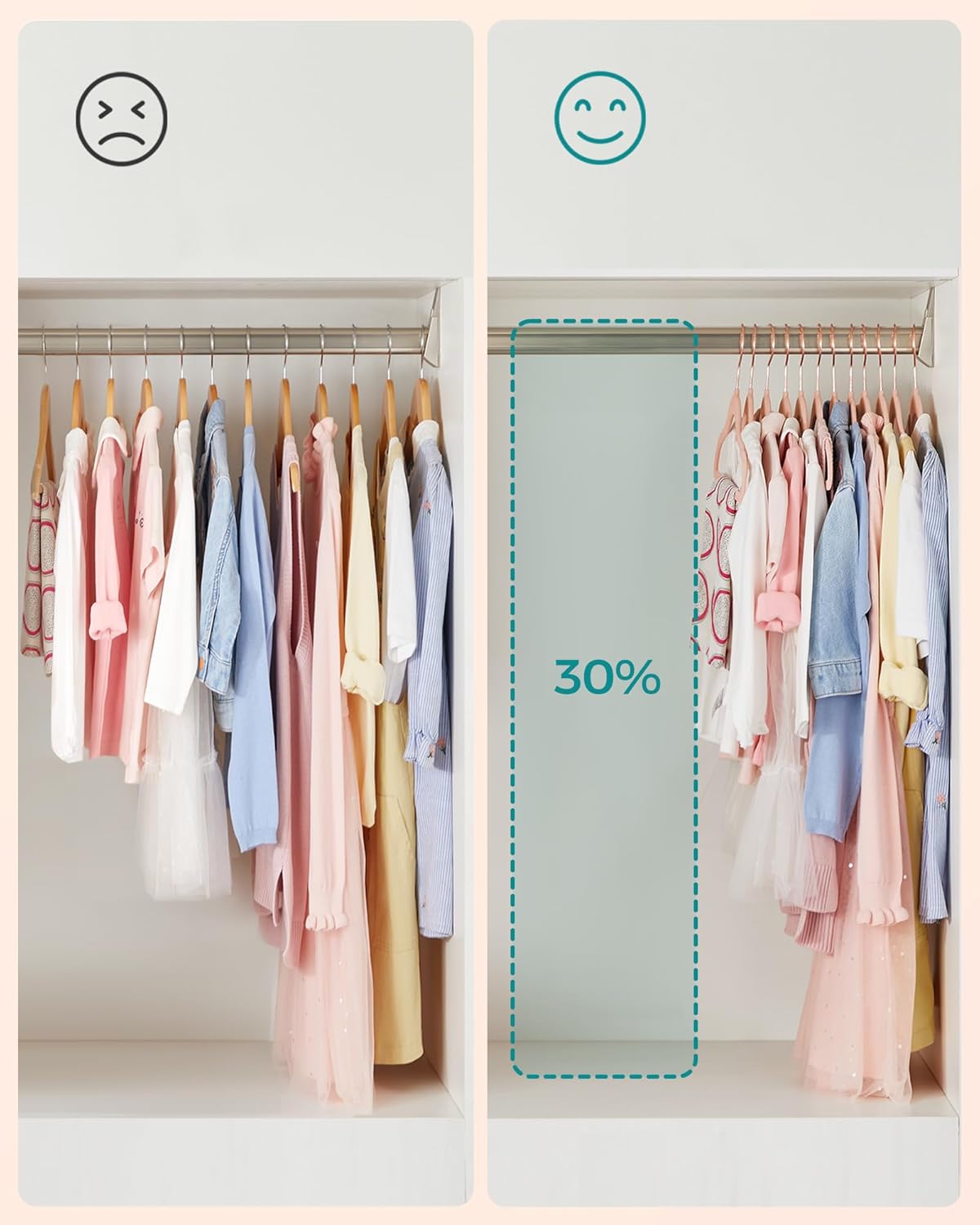 SONGMICS Set de 50 de umerase copii din catifea, antialunecare, carlige rotative 360°, 30 cm, roz - imagine 7