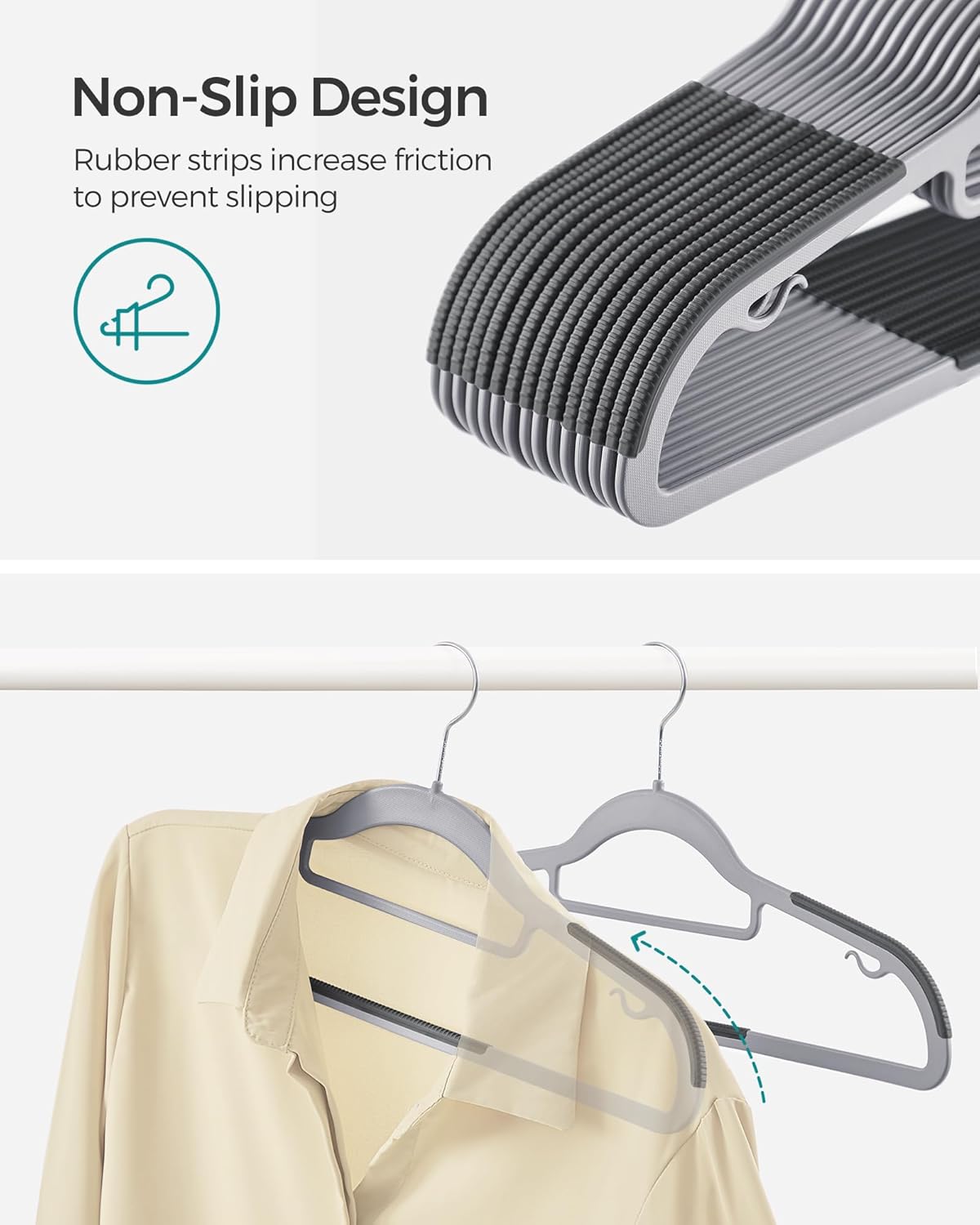 SONGMICS Set de 50 de umerase subtiri din plastic, antialunecare, cu deschidere U, carlige rotative 360°, 42 cm, gri - imagine 3