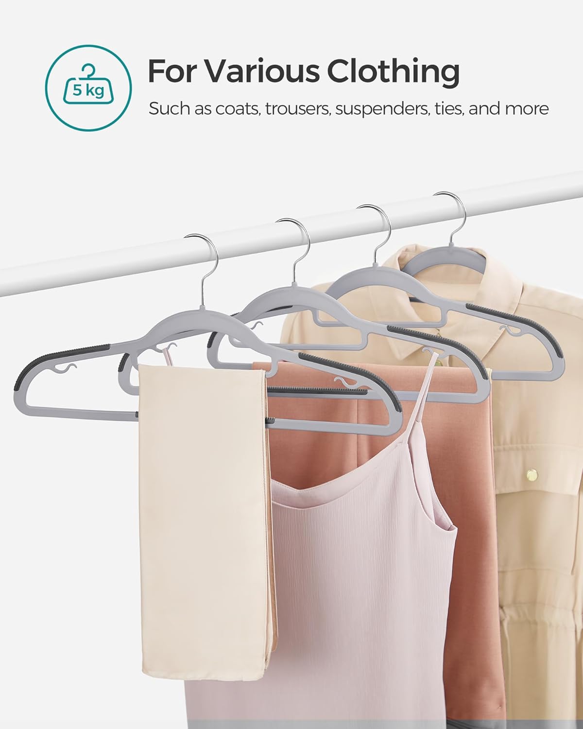 SONGMICS Set de 50 de umerase subtiri din plastic, antialunecare, cu deschidere U, carlige rotative 360°, 42 cm, gri - imagine 4