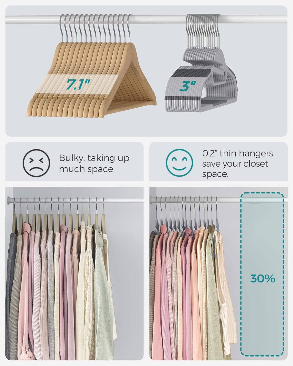 SONGMICS Set de 20 de umerase subtiri din plastic, antialunecare, cu deschidere U, carlige rotative 360°, 42 cm, gri - imagine 6