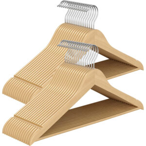 SONGMICS Set de 30 de umerase din lemn, carlige rotative 360°, cu bara pentru pantaloni, 43 cm, natur