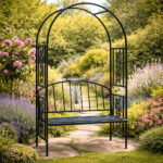 Pergola pentru gradina cu banca, structura metalica solida, 122x58x203 cm, negru